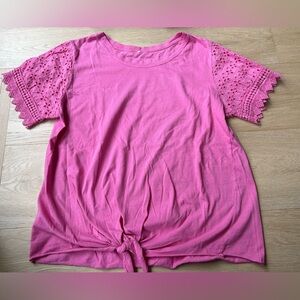 Soft cotton from Italy Pink Crochet-Sleeve Tie-Front Women’s Top